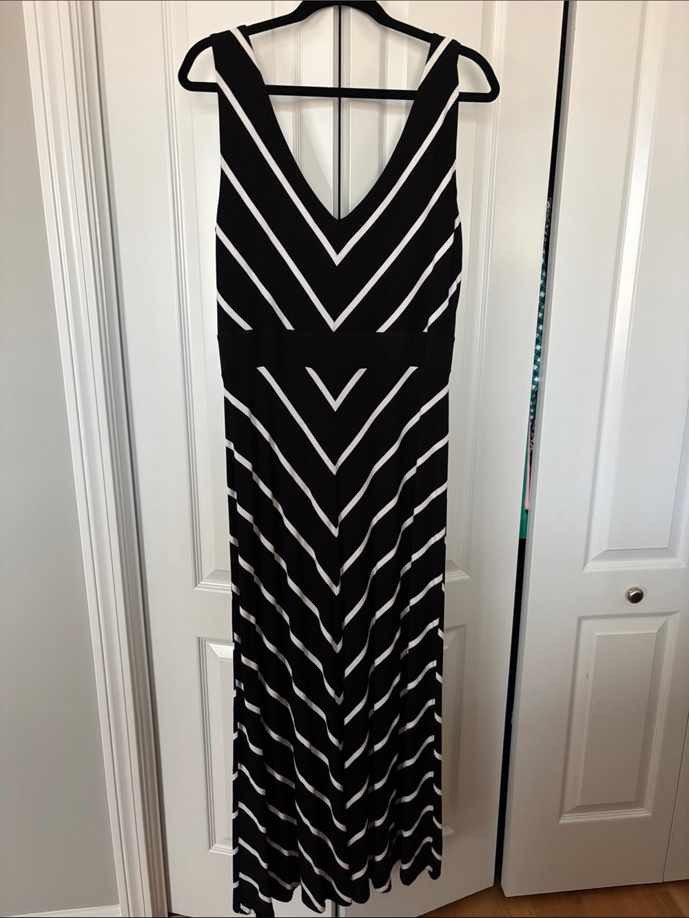 White House Black Market Black and White Striped V-Neck Maxi Dress